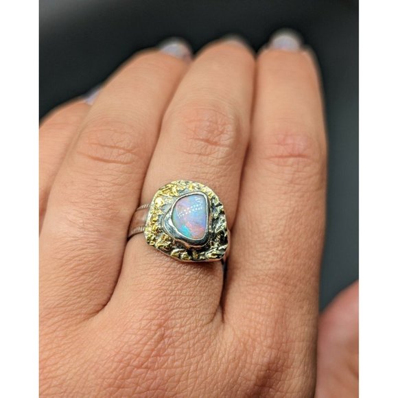Artisan Signed LOW Fiery Natural Opal Sterling Silver Gold Ring Size 7 - Picture 3 of 12